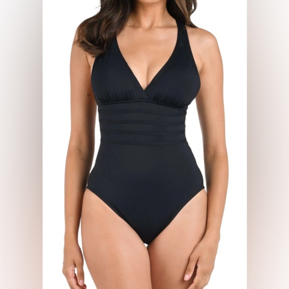 La Blanca Black Island Goddess Multi Strap Cross Back One Piece Swimsuit 16W